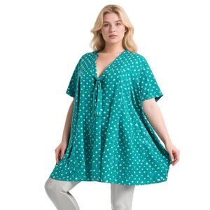 Roaman's Womens Turquiose, White, Polka Dot Button Up Tunic Blouse Size 30W